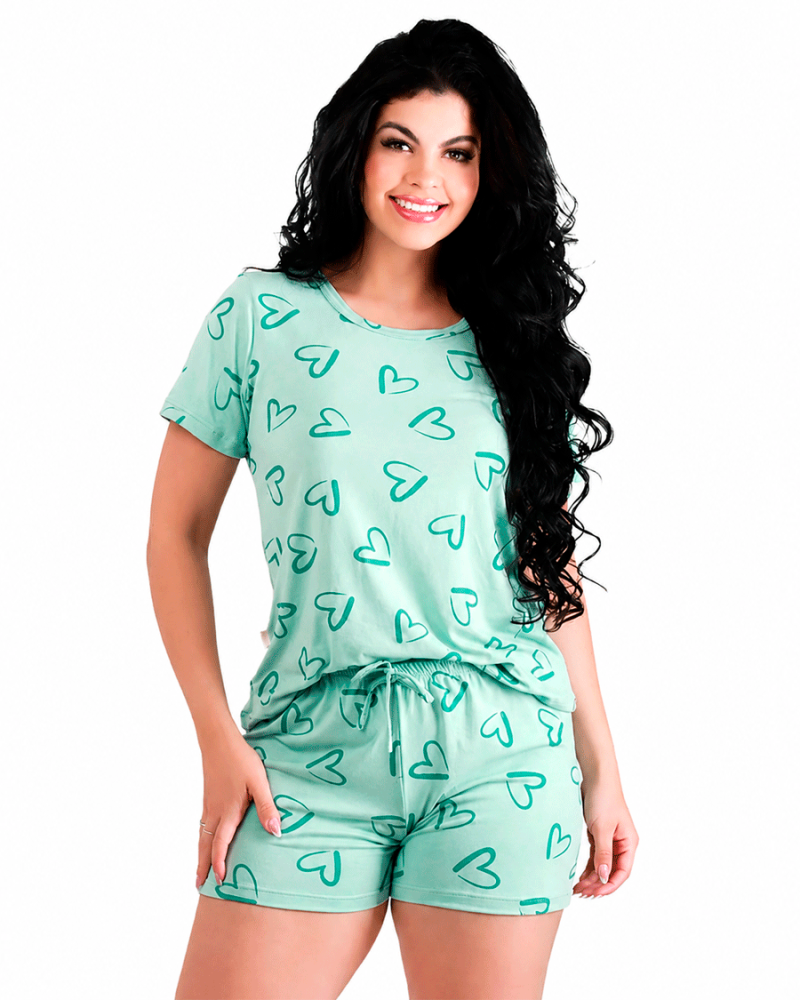 Pijama Short con Estampado de Corazones